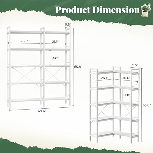 Huuger 5 Tier Bookshelf, L Shaped Corner Bookshelf with 10 Open Shelves, 49.4 Inch Straight Wide Bookcase with Metal Frame and Wooden Board, Adjustable Feet, White - Image 2