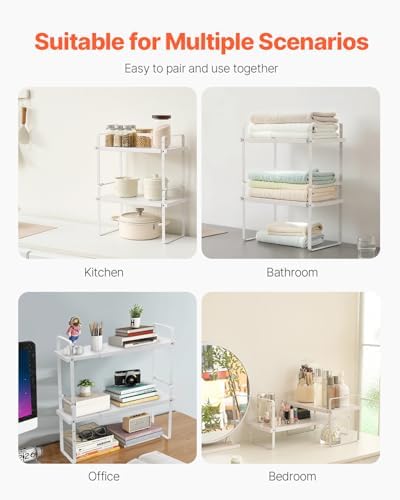VEVOR Adjustable Kitchen Cabinet Shelf Organizer, Expandable 2 Tier Cabinet Shelf, Stackable Countertop Organizers and Storage Risers, Pantry for Kitchen Bathroom Office, White - Image 6