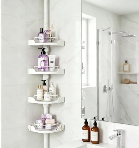360° Rotating Tension Pole Caddy – 4-Tier Corner Shower Organizer, Height Adjustable 33"–124", Space-Saving for Bathroom, Kitchen Counter, Cabinet Gaps & Bathtub (white) by CISIREE