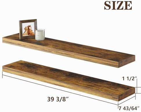 BAMEOS Floating Shelves,40 in W x 7in D Wall Mounted Wooden Shelves with Invisible Brackets Set of 2, Hanging Wall Shelves Decoration for Bedroom, Bathroom, Living Room and Kitchen,Rustic Brown - Image 3