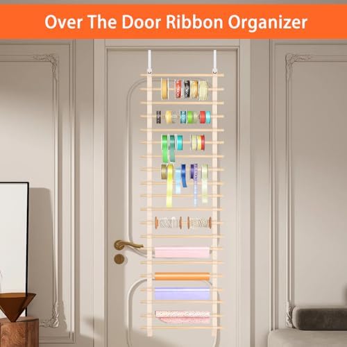 Over The Door Ribbon Organizer ：20 Tier Wood Wrapping Paper Display Rack Large Gift Paper Storage Easy wall Door Mount Multiple Mounted Ribbon Holder Rack Craft Room Roll - Image 6