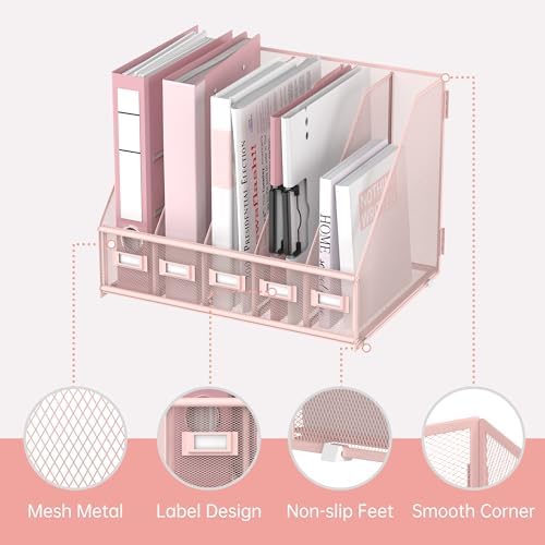 SUPEASY Desk Organizers Metal Desk Magazine File Holder with 5 Vertical Compartments Rack File Organizer for Office Desktop, Classroom, Home Workspace, Pink Plus - Image 4