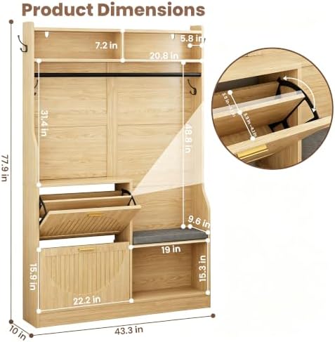 43.3" Hall Tree with Shoe Storage, Entryway Coat Rack with Flip Drawers Shoe Cabinets, Padded Shoe Changing Bench, Metal Hanging Rod & Hooks, Fluted Grain Accent Entryway Organizer for Hallway - Image 2