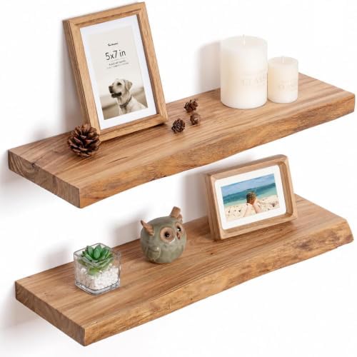 Fun Memories Floating Shelves for Wall, 24"x9.3" Solid Wood Floating Live Edge Shelf, Heavy-Duty Wall Shelf with Invisible Brackets, Set of 2 for Living Room, Bedroom, and Kitchen, Natural Finish by FunMemories