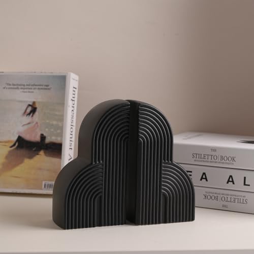Matte Textured Arch Ceramic Bookends Pair,Heavy Duty Decorative Book Holders,Textured Layered Arch Sculpture Book Stoppers for Shelf Tabletop, Minimalist Modern Home Decor Gift for Book Lovers（Black） - Image 2