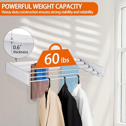 FOCHIER F Laundry Drying Rack Wall Mounted Clothes Drying Rack Collapsible with 5 Aluminum Rods and Drilling Template Long Screwdriver Bit 60 lbs Capacity (White, 31.5") - Image 3