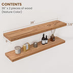 Floating Shelves for Wall Decor, 8" Deep Rustic Solid Elm Wood Floating Shelves Wall Mounted, Wall Shelves with Invisible Bracket for Living Room Bathroom Bedroom Kitchen, 36 Inch Set of 2, Natural - Image 2