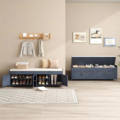 HOMEFORT 54.4" Shoe Bench with Lift Top Storage, Entryway Bench with Cushioned Seat, Wooden End of Bed Bench, Shoe Cabinet Bench with Hidden Storage Space, for Bedroom, Hallway,Blue - Image 5