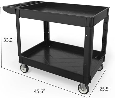 2 Tier Plastic Rolling Cart Utility Cart on Wheels, Heavy Duty Tool Carts with Ergonomic Storage Handle and Deep Shelfs, Work Cart Service Carts for Garage, Warehouse, Workshop, Office, Cleaning - Image 2