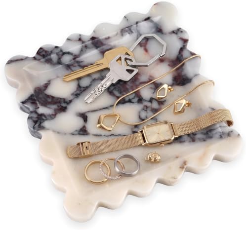 Scalloped Square Marble Decorative Tray, Natural Stone Vanity & Jewelry Tray, Trinket Organizer for Ring, Key, Dresser, Nightstand, Bathroom Counter & Kitchen Sink(Calacatta Viola) by Unknown