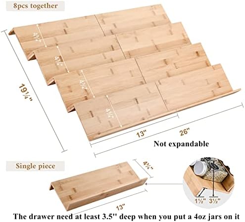 Mulush Bamboo Spice Rack Tray - Spice Drawer Organizer for Kitchen Cabinets Storage and Organization (Jars Not Included, 8 Individual Pieces, Not Adjustable) - Image 2