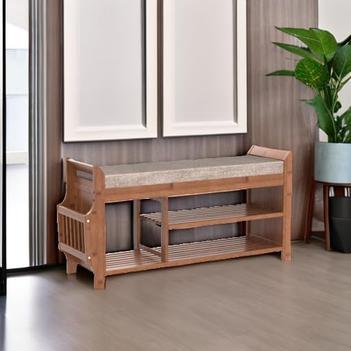 PETKABOO Shoe Bench with Hidden Drawer and Side Holder, 2 Tier Entryway Bench with Storage 39.4 in, Bamboo Shoe Rack with Cushion for Entryway Hallway Living Room Bedroom - Image 5