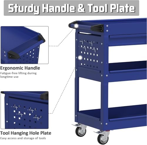 3 Tray Rolling Tool Cart with Drawers, 400 LBS Capacity Mechanic Tool Cart on Wheels, Heavy Duty Utility Cart with Pegboard, Metal Work Cart for Garage and Repair Shop, Blue - Image 4