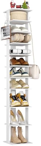 HOMEFORT 10-Tier Vertical Shoe Rack, Corner Shoe Tower, Slim Shoe Organizer with Two Hanging Hooks, Wooden Shoe Storage Stand for Entryway, Hallway, Closet (White) by HOMEFORT