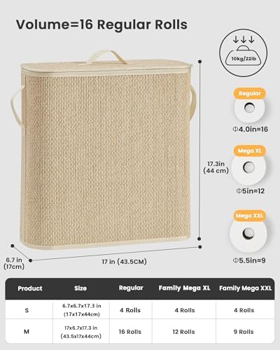 Bamboo Toilet Paper Storage Basket with Lid & Handle - 32L Large Capacity Handwoven Bathroom Organizer for 16 Rolls - Sturdy Stand Holder for Toilet Paper Organization, Light Natural - Image 3