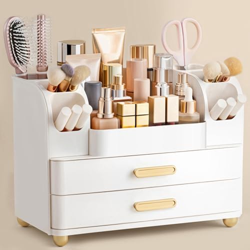 HBlife Makeup Organizer for Vanity with Brush Holder, Large Bathroom Countertop Cosmetic Organizer Skin Care Storage, Easy to Store Lipsticks, Nail Polishes, Perfumes, Eyeshadow Palettes, All White by HBlife