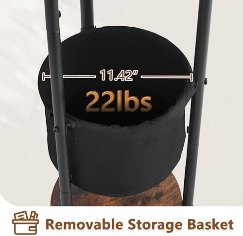 Hoctieon Coat Rack Freestanding, Round Coat Rack with 3 Wooden Shelves and 1 Fabric Basket, Metal Clothes Tree with 5 Hooks, Coat Hanger Stand for Clothes, Hats, Bags, Brown and Black - Image 4