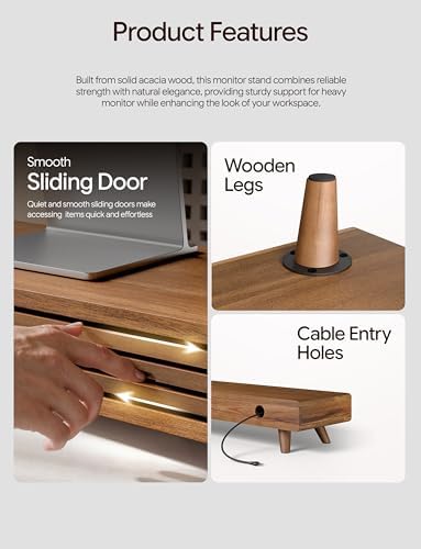Tinamo 24" Wood Monitor Stand Riser with Sliding Door and Cable Management - Image 3