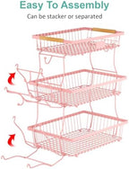 3 Tier Fruit Basket for Kitchen Counter with 2 Banana Hangers, Countertop Metal Fruit Bowl with Wooden Handle, Large Storage Stand for Vegetables, Snacks, Breads, Produce Storage – Pink - Image 6