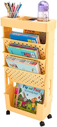 Yellow Rolling Office Paper Organizer, Mobile Book Cart Document Folder File Storage with Pen Holder, Slim Rolling Storage Cart Movable Bookshelf for Office, Dorm, Classroom, Nursery by CINPIUK
