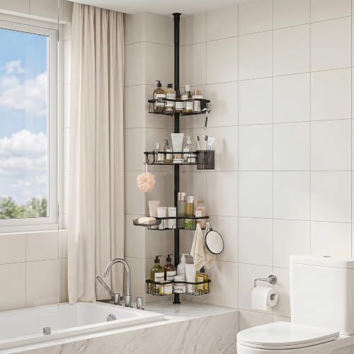 Shower Corner Caddy Organizer for Bathroom, 4-Tier Adjustable Shelves with Tension Pole, No Drilling Shower Rack with Holders for Toothbrush, Soap and Razor, 34 to 125 Inch Height by auriikoop