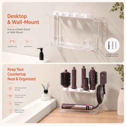 Shark Hair Dryer Holder, Hair Tool Holder for Dyson Airwrap & Shark Attachments, Hair Dryer Stand Wall Mounted or Desktop, Acrylic Blow Dryer Holder with 8 Slots Cord Hook, Bathroom CHOCHOYAH - Image 5