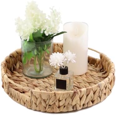 YRMT Water Hyacinth Serving Tray Round Woven Tray with Handles Boho Decorative Tray for Breakfast, Coffee, Table, Dining 13" x 13" x 2.3" by YRMTKIHE