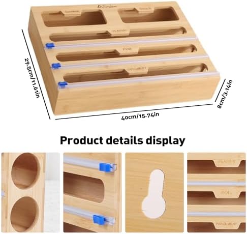 APSARAS USA 5 in 1 Bamboo Foil and Plastic Wrap Organizer for Kitchen Drawer, Ziplock Bag Organizer, Saran Wrap Dispenser with Cutter, Plastic Bag Organizer, Food Storage Bag Organization - Image 3