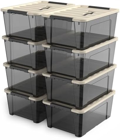 8 Pack Clear Black Plastic Storage Bins with Khaki Lids, Small Latching Storage Boxs with Handle, Stackable Containers for Organization (5 Quart) by YYXB