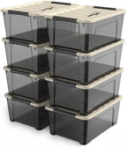 8 Pack Clear Black Plastic Storage Bins with Khaki Lids, Small Latching Storage Boxs with Handle, Stackable Containers for Organization (5 Quart) by YYXB