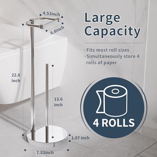 RARXTR Toilet Paper Holder Stand, Post Pivoting Design Free Standing Toilet Paper Holder with Storage for 4 Rolls, SUS304 Stainless Steel Tissue Holder with Reserve, Heavy-Duty Base (Chrome) - Image 5
