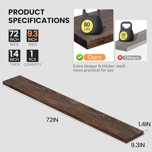 Fun Memories Floating Shelves for Wall, 72" W x 9.3" D Wood Floating Shelf with Invisible Heavy-Duty Metal Bracket, Deep Floating Shelf for Living Room Kitchen, Walnut Finish - Image 4