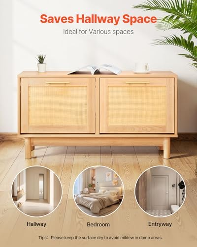 VEVOR Rattan Shoe Storage Bench, Entryway Bench with 2 Flip Drawers, Holds up to 300 lbs with 4 Compartments and 2 Rattan Doors, 39.4 x 11.8 x 20.9 Inches for Hallway, Living Room, Bedroom - Image 7