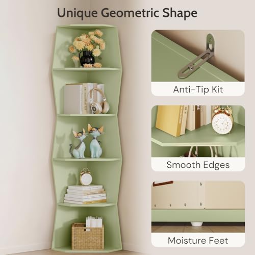 6-Tier Wavy Corner Shelf, Wooden Tall Corner Bookshelf, Green - Image 7