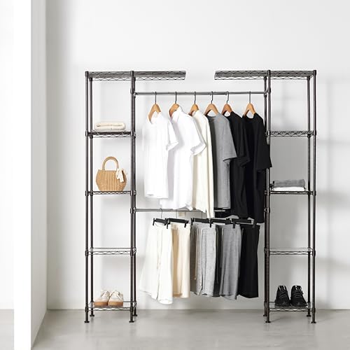 Amazon Basics Expandable Metal Hanging Closet Organizer and Storage Rack Wardrobe with Shelves, 57-80''L x 14''W x 72''H, Bronze - Image 2