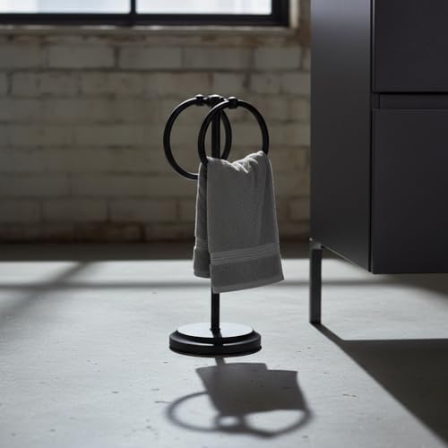 J&V TEXTILES Steel Towel Rack Holder Stand with 2 Hanging Rings for Bathroom Vanity Countertops - Space Saving Hand Towel Holder (Matte Black) - Image 6