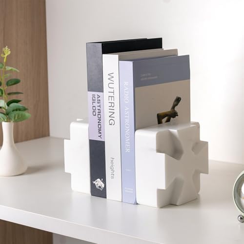Decorative Square Marble Bookends for Heavy Books – Unique Book Ends for Shelves – Modern Aesthetic Book Holder/Stopper with Non-Slip Pads for Chic Home, Office, or Library Decor, White - Image 5
