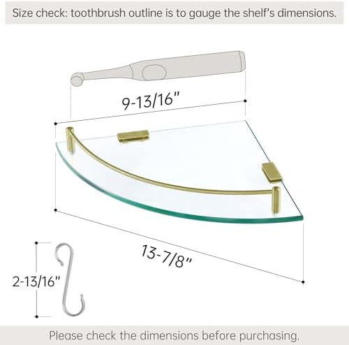 KES Glass Corner Shelf Bathroom Shelf Tempered Glass with Rail SUS 304 Stainless Steel Floating Wall Mount Bracket Brushed Gold, BGS2101A-BZ - Image 2