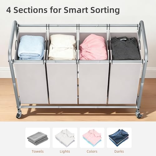 STORAGE MANIAC 4 Section Laundry Sorter, Laundry Hamper with Wheels, Gray - Image 2