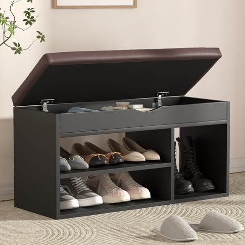 Apicizon Entryway Bench with Shoe Storage, Black, 2-Tier Shoe Rack, Padded Cushion, Wooden Frame by APICIZON