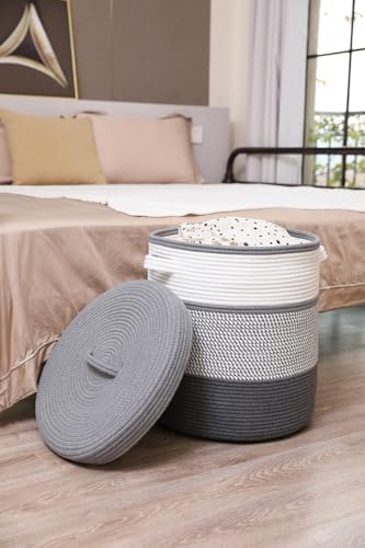 16" x 16" x 18" Extra Large Storage Basket with Lid, Cotton Rope Storage Baskets, Laundry Hamper, Cloth Bin, for Clothes Towels Blankets Pillows Storage in Living Room, White/Grey Mix/Dark Grey - Image 3