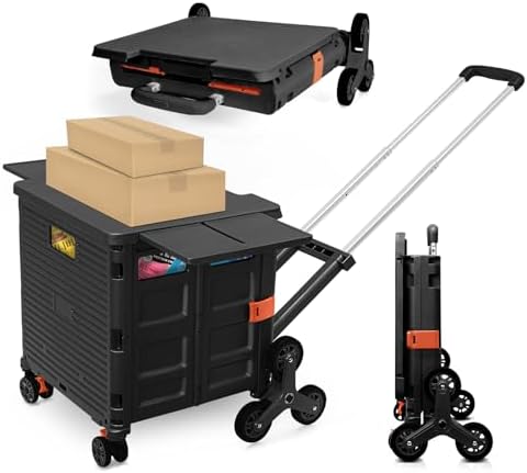 Foldable Utility Cart with Stair Climbing Wheels,Collapsible Rolling Crate with Magnetic Lid Telescopic Cover,Adjustable Telescoping Handle,360° Rotate Wheel Hand Cart for Teacher Shopping Moving by ZIYOULANG
