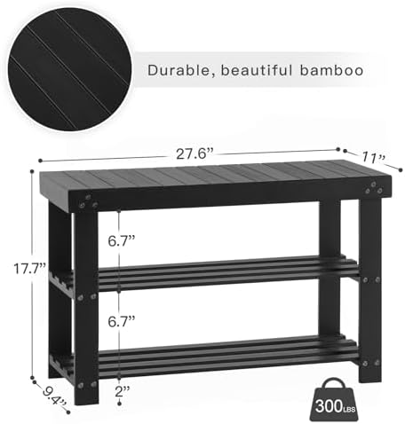 Apicizon Bamboo Shoe Rack Bench, 3-Tier Entryway Organizer, Black - Image 3