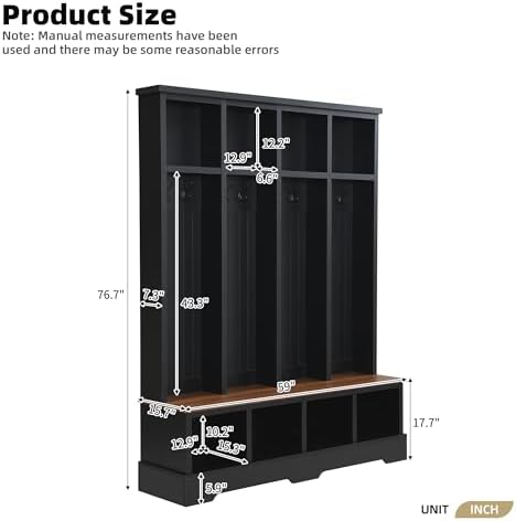 Merax Farmhouse Hall Tree with Bench and Shoe Storage, 59" Entryway Bench with Coat Rack, 3-in-1 Hall Tree with Top Compartments and 8 Hooks for Hallway, Living Room, Black - Image 2
