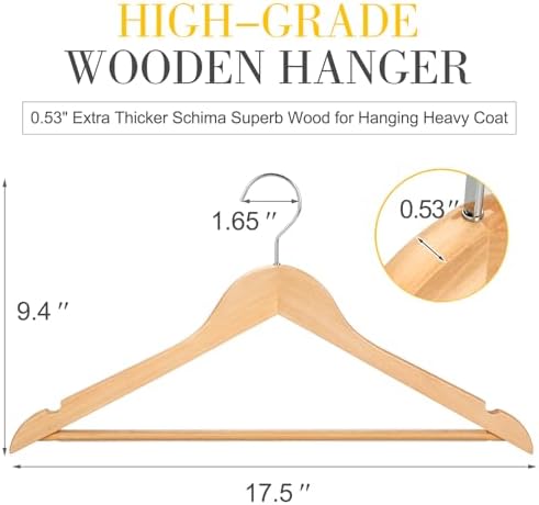 TOPIA Premium Wooden Hangers with Extra Thick Hook and Non Slip Pants Bar, Luxury Suit Hangers for Closet with Notches for Shirts - 16 Pack - CT01N - Image 3