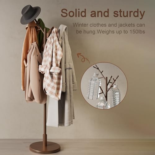 Muwuele Coat Rack, Solid Wood Coat Rack Freestanding With 12 Hooks, Coat Tree Freestanding Heavy Duty 3 Adjustable Heights For Coat, Hats, Handbags, Coat Hanger Stand For Entryway, Bedroom, Walnut - Image 6