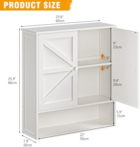 Bathroom Wall Cabinet, White 25.9" x 23.6" Over The Toilet Storage Cabinet, Bamboo Wall Mounted Bathroom Cabinet with Adjustable Shelves for Kitchen & Laundry Room (White) - Image 2