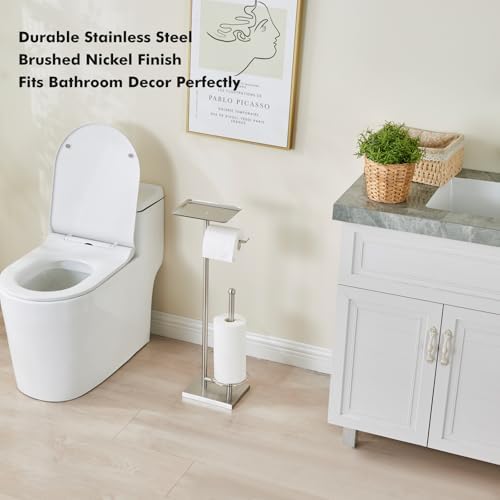 Toilet Paper Holder with Tray At the Top, Heavy-Weighted Stainless Steel Base No Wobbly, Freestanding Toilet Paper Rolls Stand, Hold Extra 3 Paper Rolls On the Base (Brushed Nickel) - Image 6