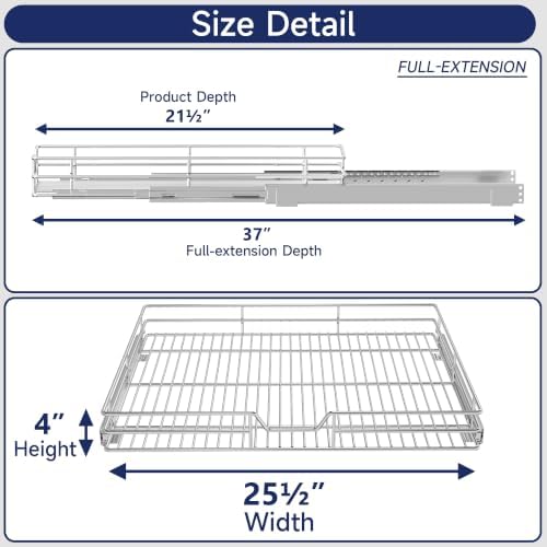 Pull Out Cabinet Organizer, 25.5" W x 21.5" D, Heavy Duty Chrome Slide Out Shelf for Wide Base Cabinets, Sliding Wire Basket Drawer for Pots, Pans, Appliances & Pantry Storage - Image 2
