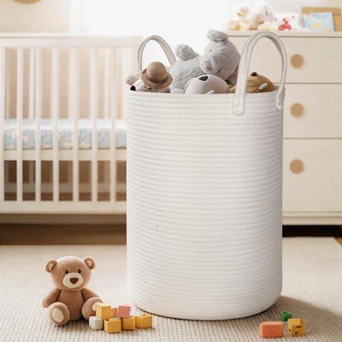 MEGASKET Large White Laundry Basket, 80L Tall Blanket Basket Living Room, Cotton Rope Toy Bin for Organizing, XL Woven Baby Nursery Laundry Hamper with Handle, White Room Decor, Bedroom Aesthetic - Image 6